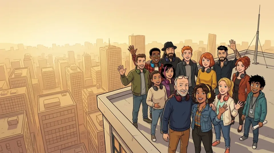 Das Team von HiveWeaver.FM als Comic-Figuren auf dem Studiodach über der Stadt: Moderatorinnen, Moderatoren und Nachrichtensprecher mit Kopfhörern um den Hals