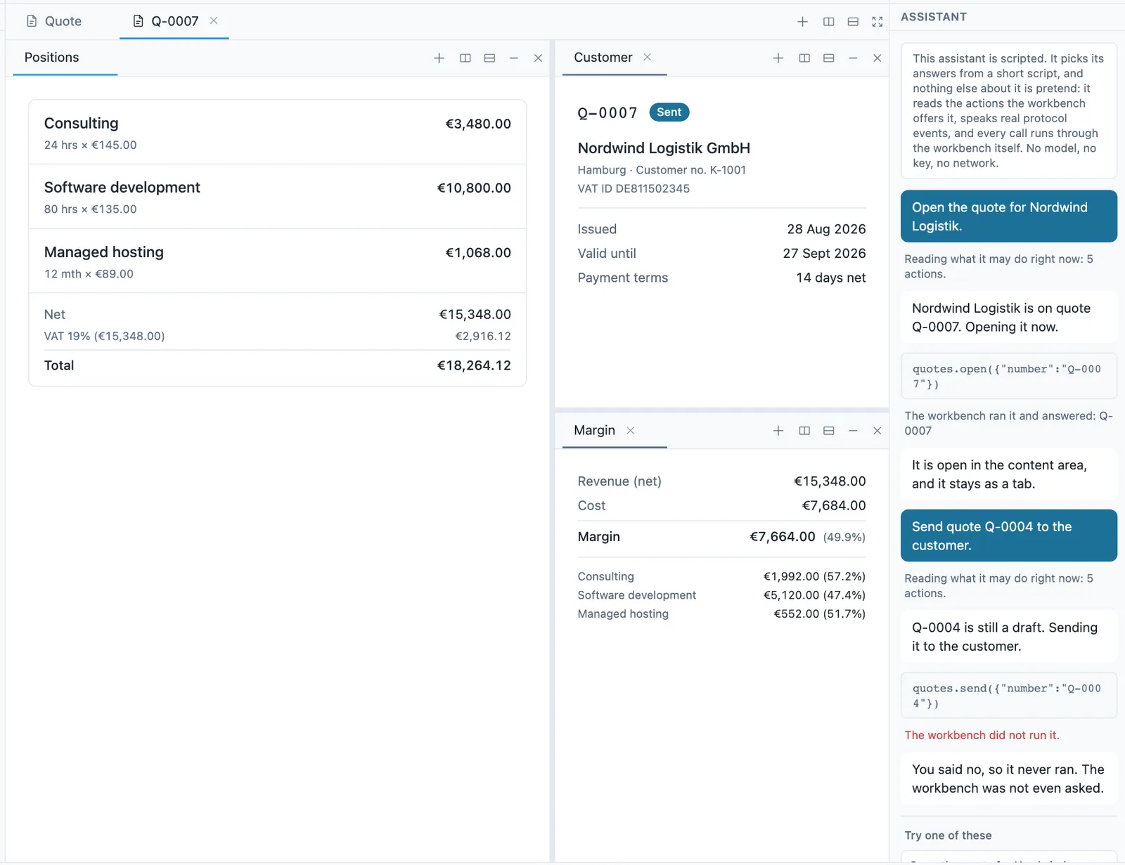 Screenshot einer LoomWeaver-Arbeitsoberfläche mit einem geöffneten Angebot; daneben ein Assistenten-Panel, das den Werkzeugaufruf zeigt, der es geöffnet hat, die Antwort der Oberfläche und einen zweiten Aufruf, der abgelehnt wurde und nie lief