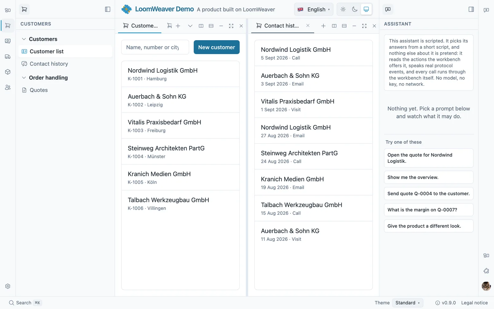 Screenshot einer LoomWeaver-Arbeitsoberfläche: links eine schmale Werkzeugleiste, in der Mitte zwei nebeneinander geteilte Bereiche mit Tabs, unten eine Statusleiste