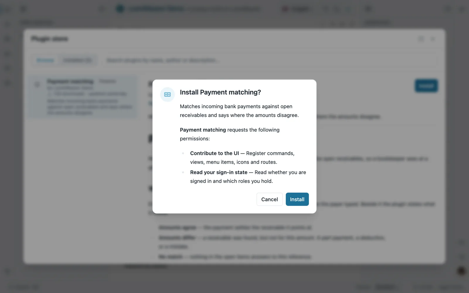 Screenshot des Installationsdialogs für eine Erweiterung aus dem Katalog: Er zählt die zwei angeforderten Berechtigungen auf und bietet Abbrechen und Installieren an